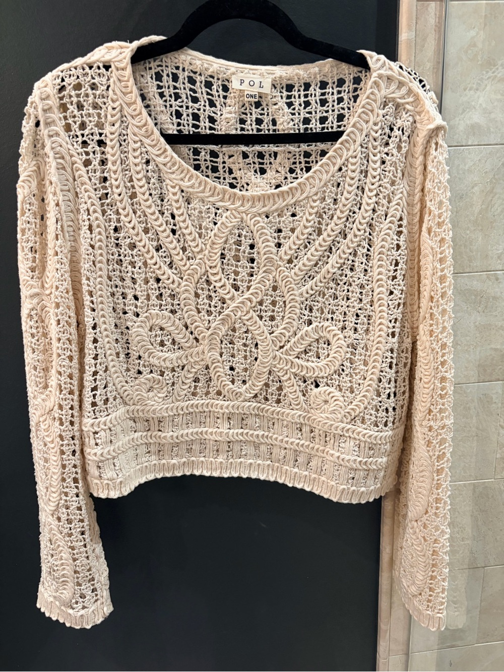 New One Size Stunning POL Crochet Knit Long-Sleeve Top in Cream